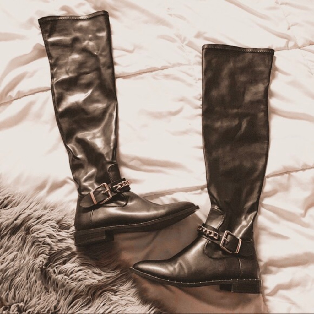 Zara vegan leather studded buckle thigh high boots